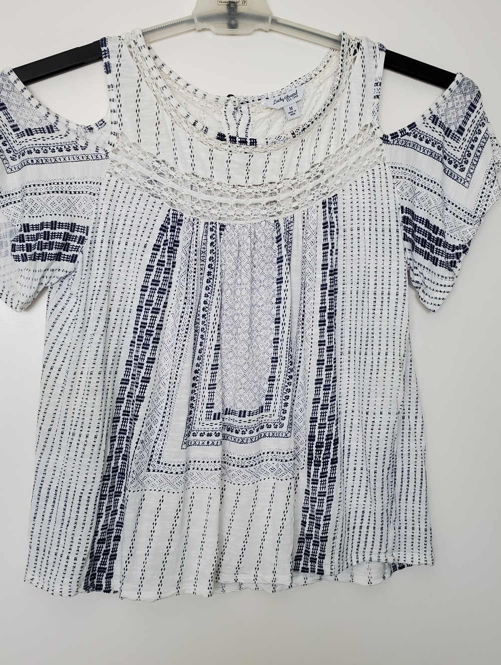 Lucky Brand Woman's Gauzy Lace Cold Shoulder Blue and White Y2K Top Size Med